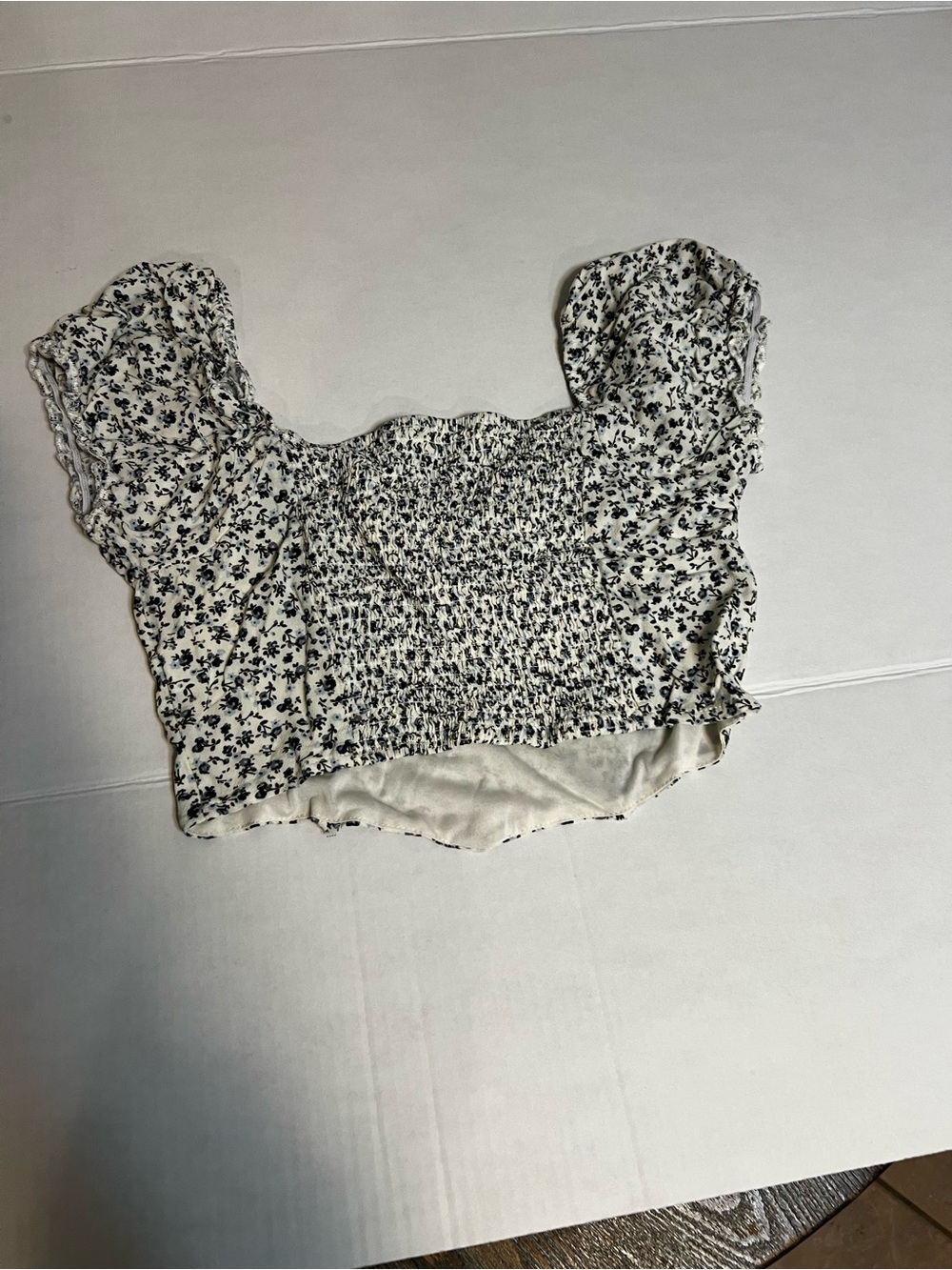 Smocked Off-Shoulder Floral Crop Top - White with Navy Print - Picture 2 of 2